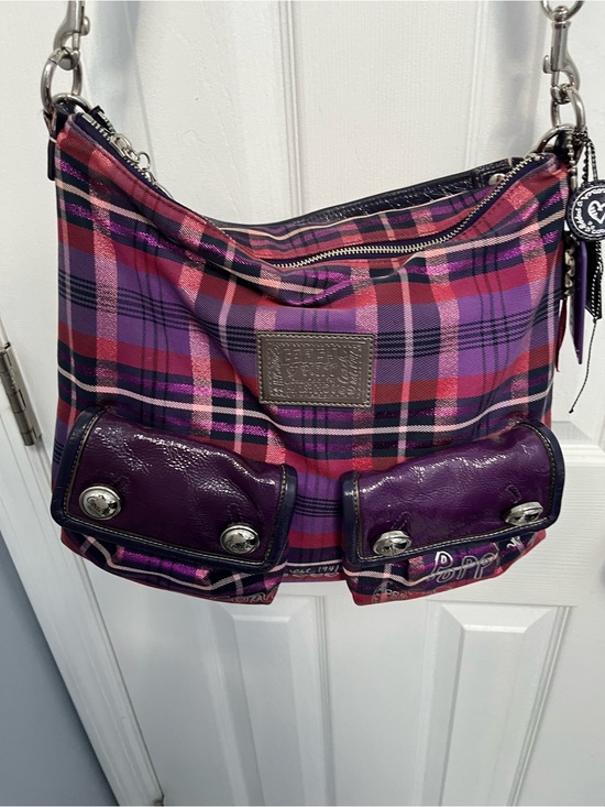Coach Handbags - Coach Poppy Tartan Plaid Crossbody Hobo Purple Hangtags #16120 Silver Y2K